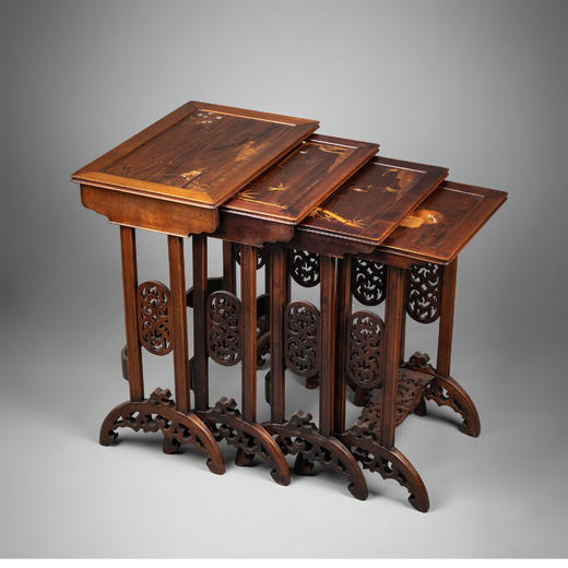 【已售】独角鹿西洋古董 20世纪初法国出品日本风格金属与天然材质镶嵌装饰嵌套桌几四件 商品图1