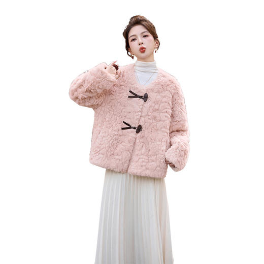 HR YJH5518优雅风上衣时尚蝴蝶结扣高级感洋气皮毛一体外套 商品图4