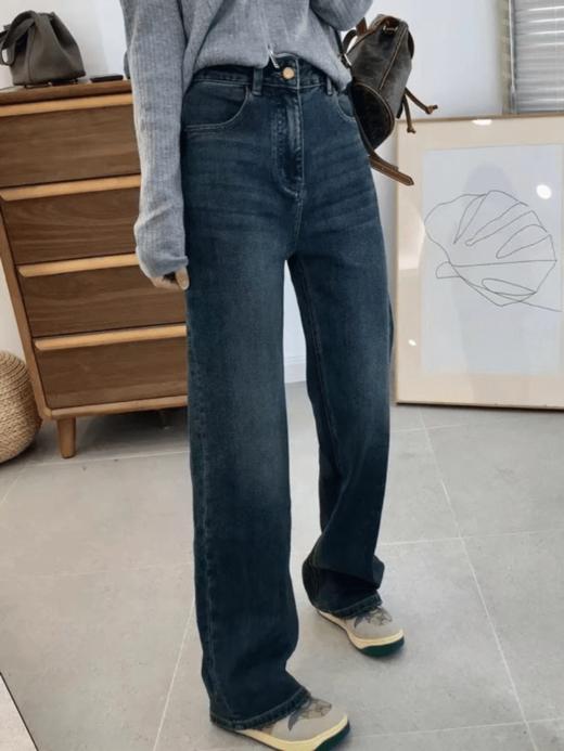 显瘦又好看 美式复古蓝窄版直筒牛仔裤女春秋新款大码胖mm高腰宽松显瘦阔腿拖地长裤 商品图2