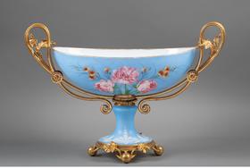 独角鹿西洋古董 19世纪法国出品铜鎏金装饰花卉主题手绘蓝色欧泊水晶果樽