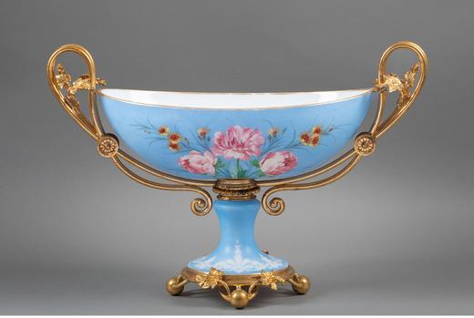 独角鹿西洋古董 19世纪法国出品铜鎏金装饰花卉主题手绘蓝色欧泊水晶果樽 商品图0