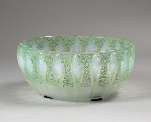独角鹿西洋古董1931年法国顶级水晶工坊莱俪LALIQUE设计出品「Perruches 鹦鹉」主题绿色欧泊水晶碗 商品图0