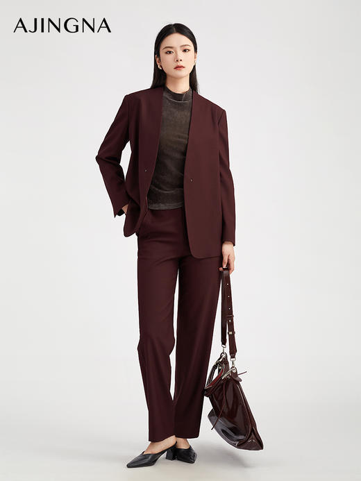 【商场同款】阿菁娜秋季新款极简无领西装外套直身版型珠排装饰高级感A30Q108036 商品图0