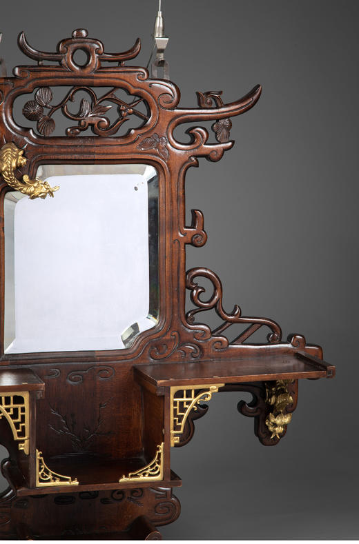 【已售】独角鹿西洋古董 1880年代法国出品Viardot东方风格蟠龙造型铜鎏金装饰镂雕挂镜 商品图3