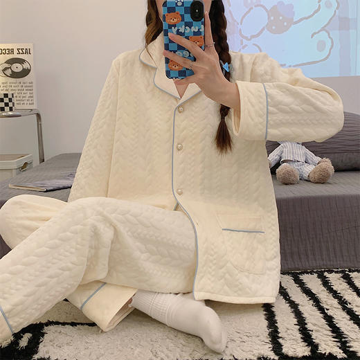 希燕茵2025新款绿边睡衣女秋冬季空气棉夹层加厚保暖夹棉甜美家居服XY0015★ 商品图6