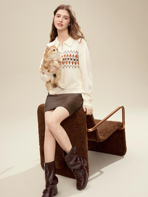 【百图lulu定制】【琉璃针织衫】慵懒风 微宽松 菱形格纹 POLO领 毛衣 商品图4