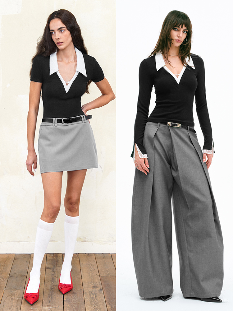 TR她热 都市剪影 黑白撞色拼接蕾丝弹力修身显瘦翻领短袖长袖打底衫