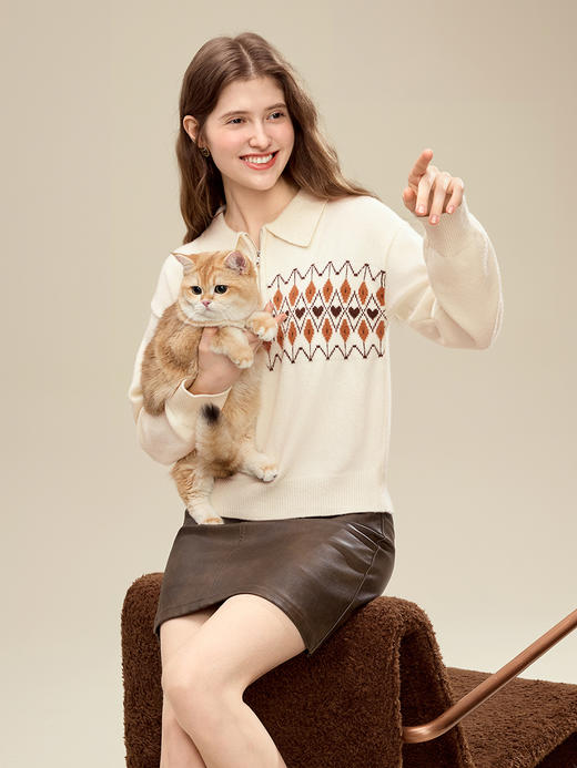 【百图lulu定制】【琉璃针织衫】慵懒风 微宽松 菱形格纹 POLO领 毛衣 商品图3