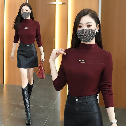 YM A510135半高领字母修身正肩长袖磨毛T恤 商品图3