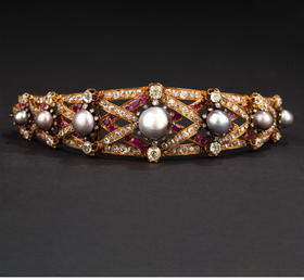 独角鹿西洋古董 1858年法国珠宝大师出品黄金镶嵌天然海水珍珠及红宝石钻石手链