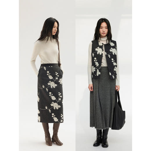 HeyDress圆领刺绣花朵毛呢马甲/塔克褶提花微A半裙 商品图0