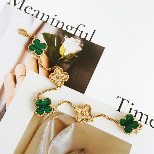 【95新】VCA梵克雅宝VCARO7GQ00 Vintage Alhambra手链18K黄金孔雀石绿花镶钻五花手链 19cm左右女士281025NJT05 商品图3