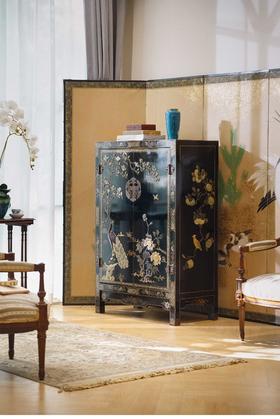 【已售】独角鹿西洋古董 20世纪中国创汇时期出品「玉堂富贵」主题黑漆描金百宝嵌角柜