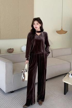 HAYES 咖色休闲简约丝绒上衣长裤套装 21386