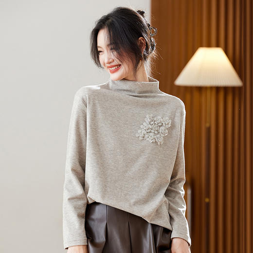 休闲慵懒风半高领扎花毛衣，长袖别致漂亮打底衫上衣CC-SD1074 商品图2