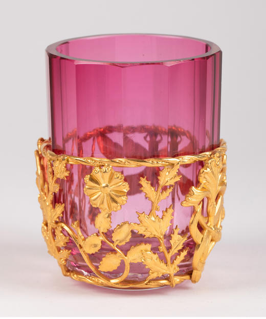 独角鹿西洋古董 19世纪末法国出品新艺术风格蜻蜓主题铜鎏金雕饰玫粉色水晶梳洗套件 商品图5