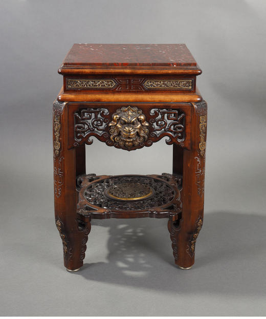 独角鹿西洋古董 19世纪末中国出品瑞兽主题铜鎏金装饰镂雕祥云纹实木嵌大理石面小几 商品图0