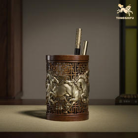 铜师傅《八骏笔筒》书房客厅铜摆件 家居工艺品 老师礼物