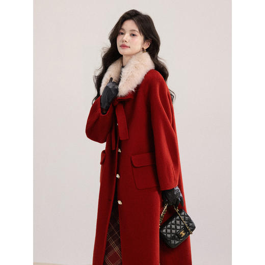 鹿向南「灵动娇贵」千金风洋气红色蝴蝶结大衣中长款厚款毛呢外套 商品图3