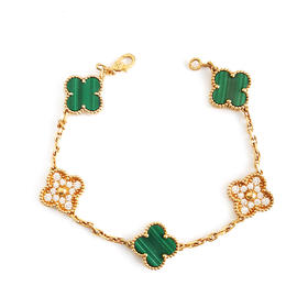 【95新】VCA梵克雅宝VCARO7GQ00 Vintage Alhambra手链18K黄金孔雀石绿花镶钻五花手链 19cm左右女士281025NJT05