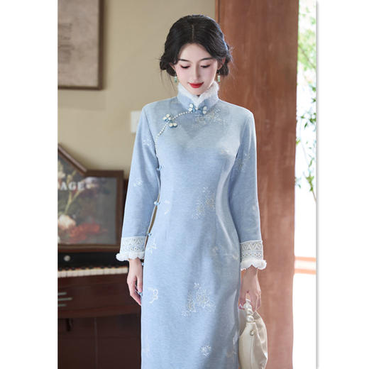 SKY 11815新中式加绒加厚毛呢绣花旗袍修身旗袍 商品图2