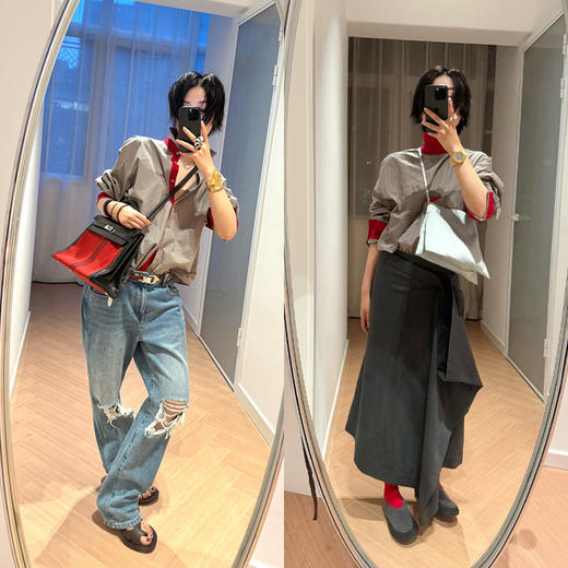 HIDEMI 趣味撞色色织格纹自然棉小翻领廓形衬衫 商品图1