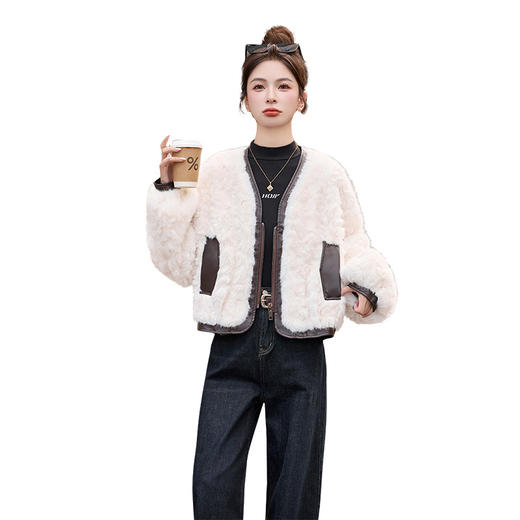 HR YJH5512优雅风V领撞色拼皮时尚皮毛一体外套 商品图4