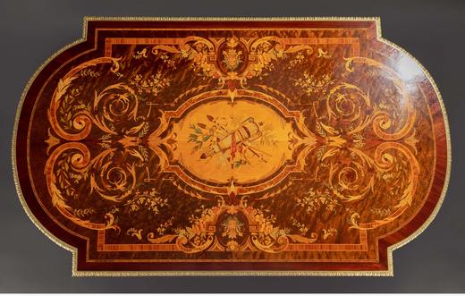 独角鹿西洋古董 1860年代法国出品路易十六风格铜鎏金雕花古典花叶纹细木镶嵌装饰绿水晶圆形写字桌 商品图4