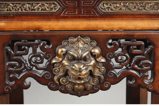 独角鹿西洋古董 19世纪末中国出品瑞兽主题铜鎏金装饰镂雕祥云纹实木嵌大理石面小几 商品图4