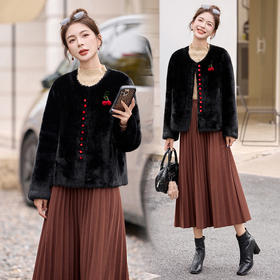 HR YJH5533复古风外套时尚皮草撞色扣子仿皮毛一体大衣