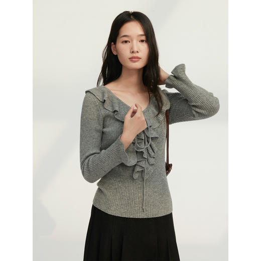 HeyDress荷叶边螺纹系绳针织衫 商品图2