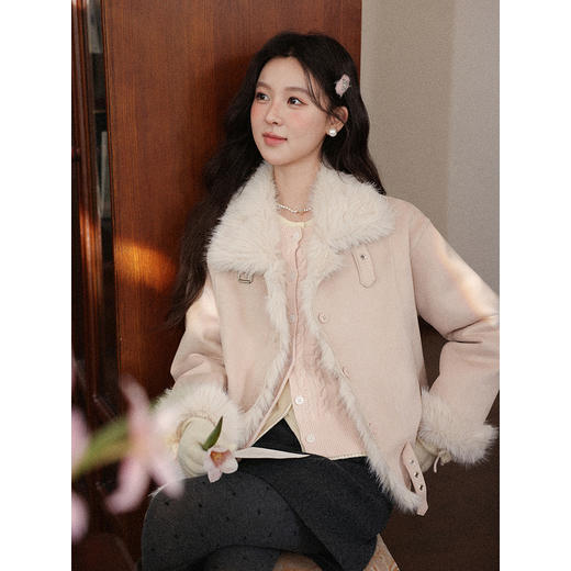 鹿向南「雪莉玫粉」浅粉色皮毛一体短外套女秋冬气质毛绒翻领上衣 商品图3