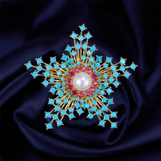 满星璀璨复古松石蓝珍珠胸针，高级感轻奢优雅大气星形西装服饰配件LY-M-431 商品图0