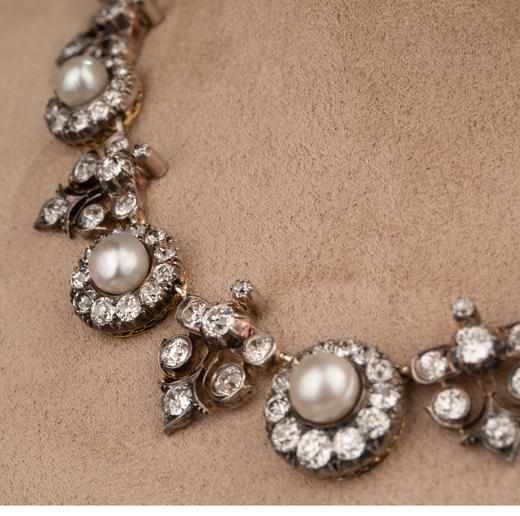 独角鹿西洋古董 1880年代英国工坊出品金银叠打镶嵌天然海水珍珠及老切钻石项链 商品图2