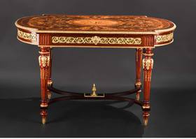 独角鹿西洋古董 1860年代法国出品路易十六风格铜鎏金雕花古典花叶纹细木镶嵌装饰绿水晶圆形写字桌