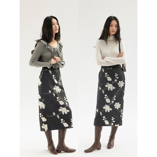 HeyDress圆领刺绣花朵毛呢马甲/塔克褶提花微A半裙 商品图2