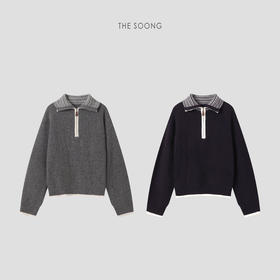 THESOONG"冬日妙感"纯羊毛坑条立体感撞色翻领定型毛衣HWMY8205