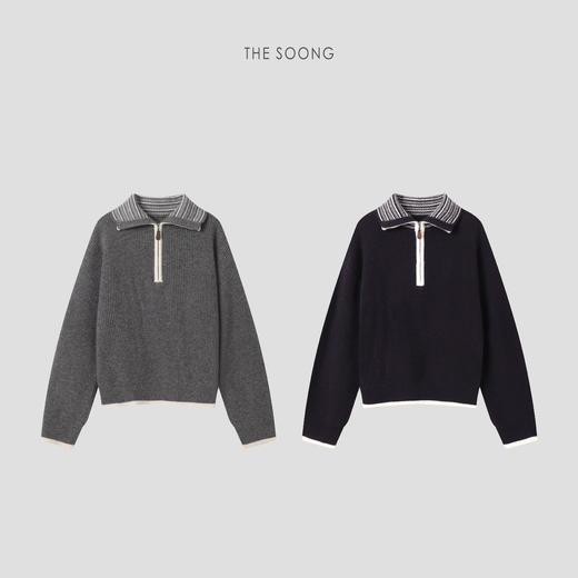 THESOONG"冬日妙感"纯羊毛坑条立体感撞色翻领定型毛衣HWMY8205 商品图0