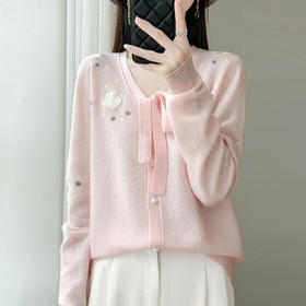 「高货yt」全新升级【铂金会员321/天猫429/差价108】(12520)洛诗琳纯羊毛单排扣开衫2025秋冬重工绣花系带针织上衣女