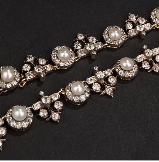 独角鹿西洋古董 1880年代英国工坊出品金银叠打镶嵌天然海水珍珠及老切钻石项链 商品图5