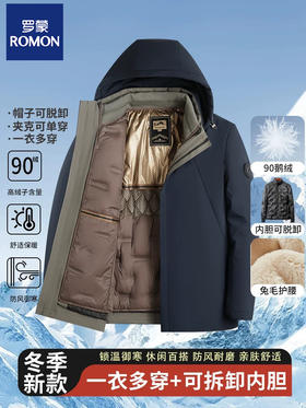 罗蒙 90白鹅绒兔毛皮羊毛夹克外套 一衣多穿 冬季款兔毛护腰 羊毛保暖加绒加厚鹅绒服外套男士中老年爸爸装968