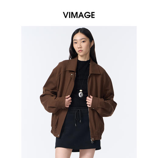 VIMAGE纬漫纪休闲翻领拉链美拉德复古深卡其夹克外套V2403116 商品图1