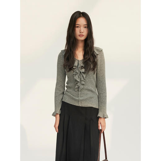 HeyDress荷叶边螺纹系绳针织衫 商品图0