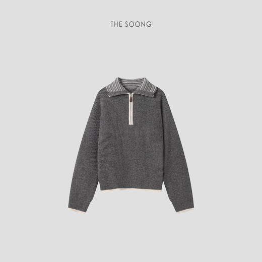 THESOONG"冬日妙感"纯羊毛坑条立体感撞色翻领定型毛衣HWMY8205 商品图1