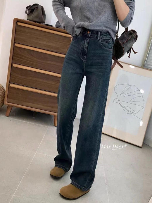 显瘦又好看 美式复古蓝窄版直筒牛仔裤女春秋新款大码胖mm高腰宽松显瘦阔腿拖地长裤 商品图9