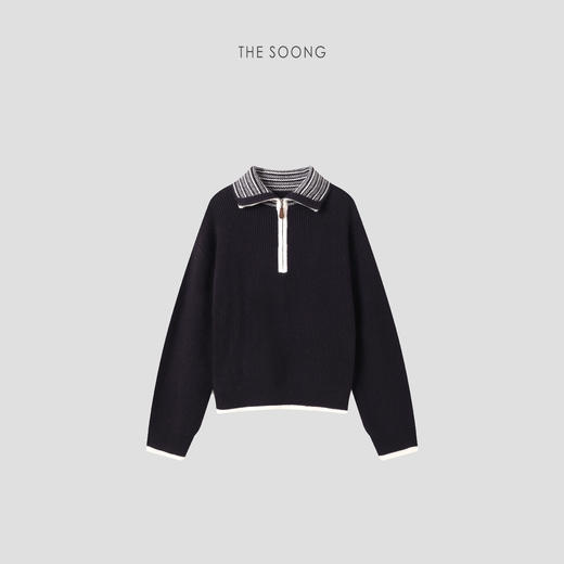 THESOONG"冬日妙感"纯羊毛坑条立体感撞色翻领定型毛衣HWMY8205 商品图2