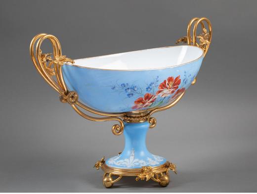 独角鹿西洋古董 19世纪法国出品铜鎏金装饰花卉主题手绘蓝色欧泊水晶果樽 商品图2