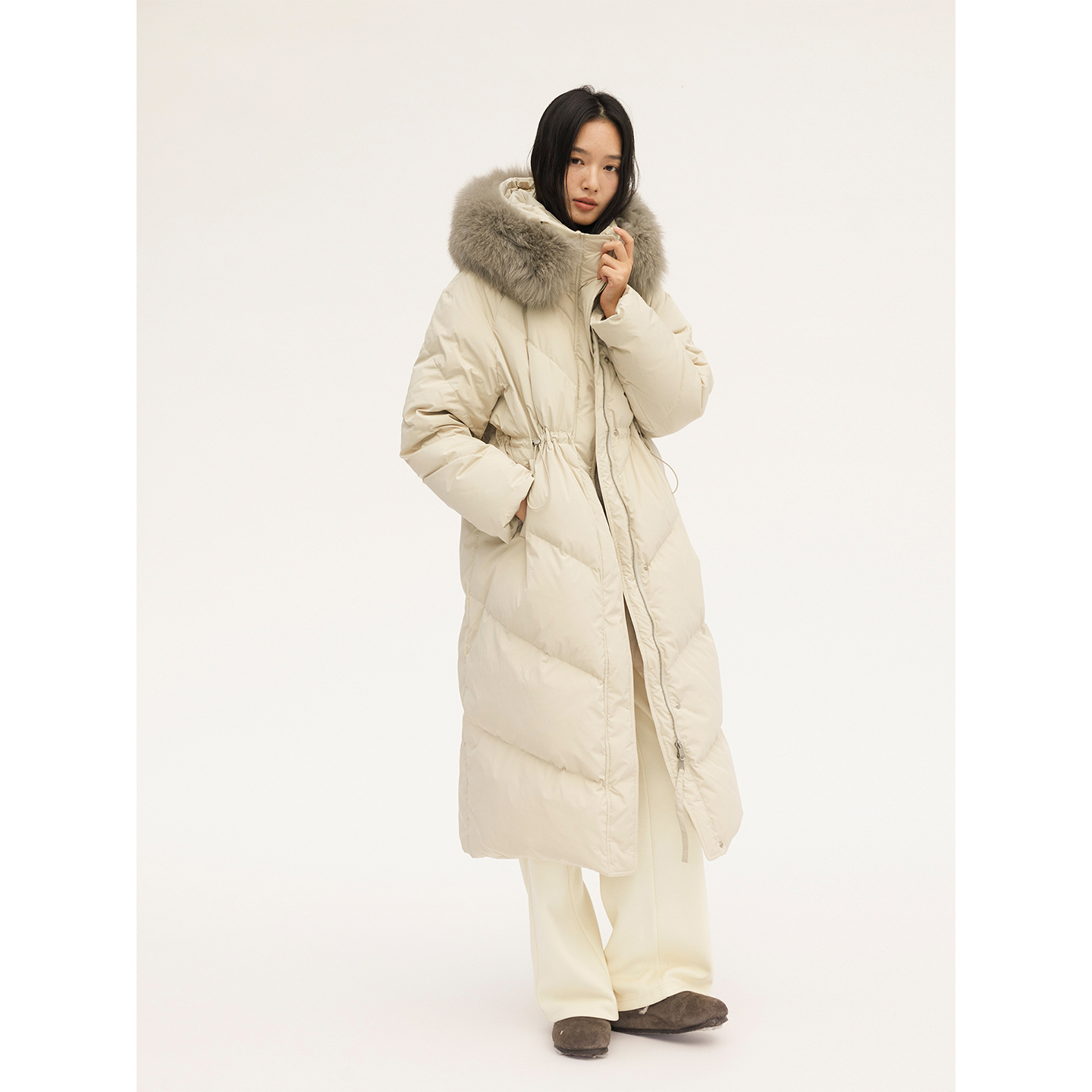 HeyDress毛领长款腰抽绳加厚羽绒服