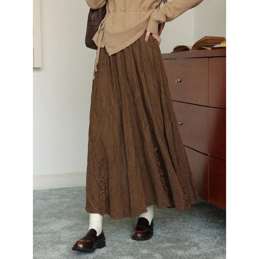 鹿向南「北欧港湾」棕色木耳边褶皱半身裙秋冬新款文艺复古长裙女 商品图0