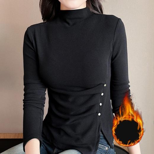 KQL311H9182 磨毛加厚半高领不规则纯色上衣女2025年秋季新款开叉T恤纯色长袖 商品图2